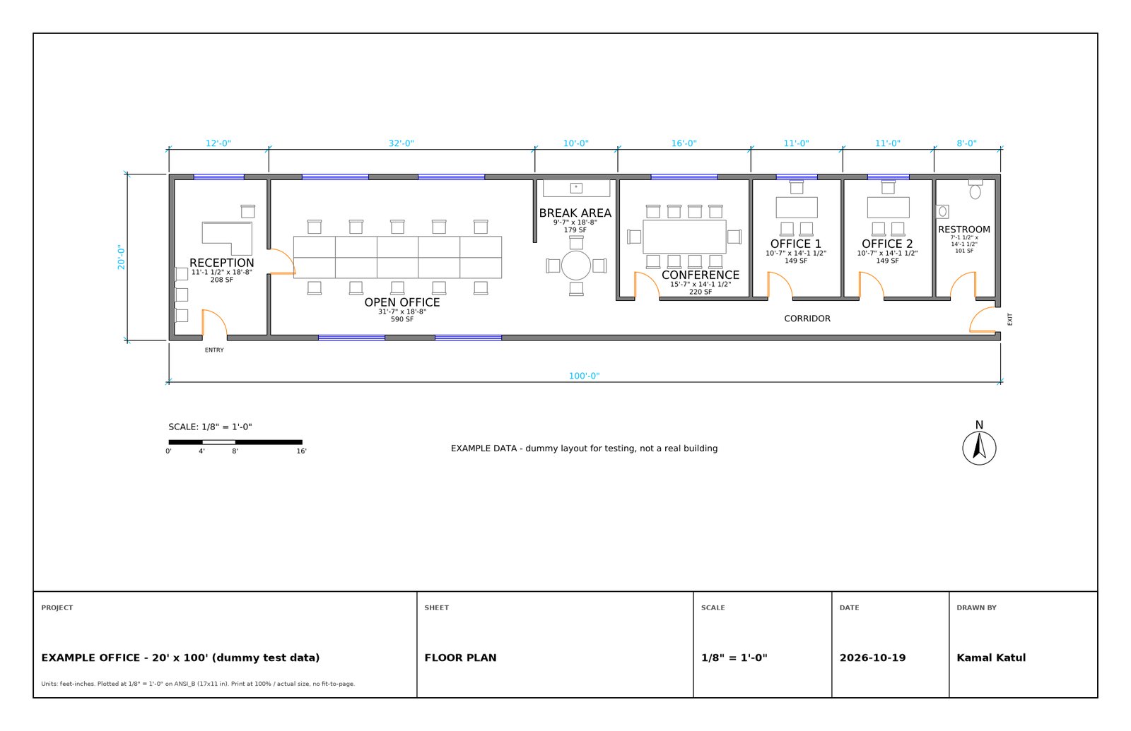 Example office floorplan, 20 by 100 feet, with dimensioned rooms, doors, windows, furniture, scale bar, north arrow and title block