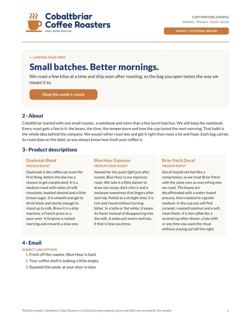 Page 1 of the Cobaltbriar Coffee Roasters copy pack: landing-page hero, About section, three product descriptions and email subject lines
