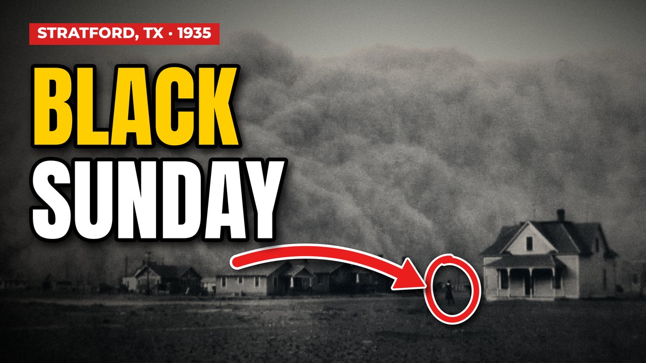 Documentary thumbnail reading BLACK SUNDAY over a 1935 dust storm photo from Stratford, Texas, with a tag chip and red callout