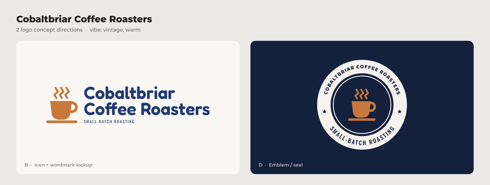 Two logo concepts for the fictional Cobaltbriar Coffee Roasters: an icon and wordmark lockup on light, and a circular emblem on dark navy