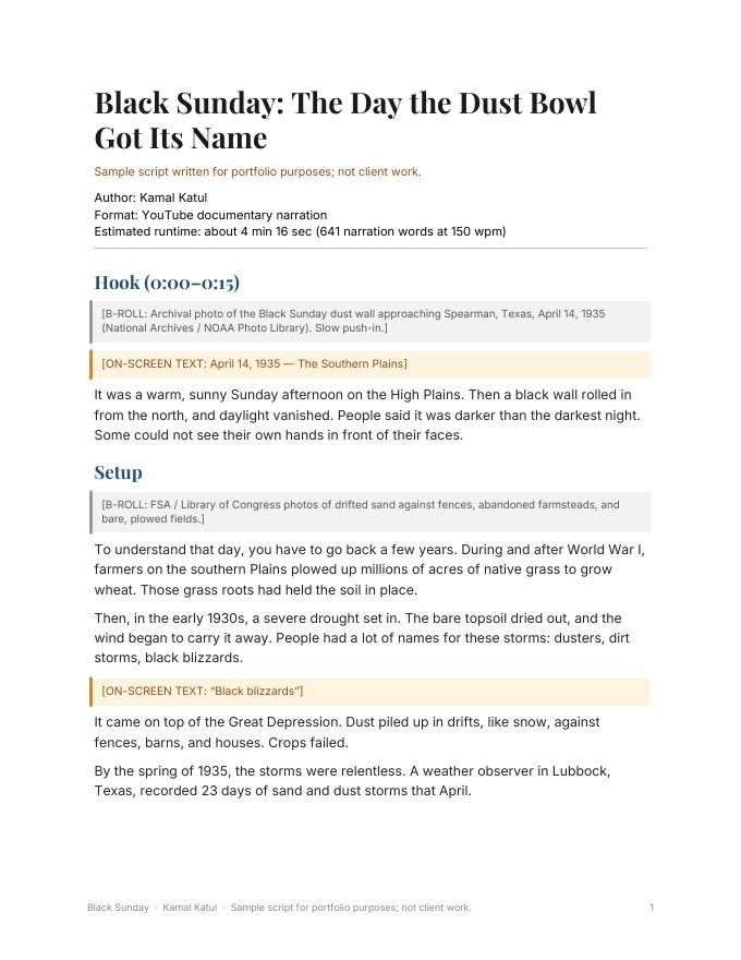 Page 1 of the documentary script Black Sunday: The Day the Dust Bowl Got Its Name, with the hook, B-roll and on-screen text cues