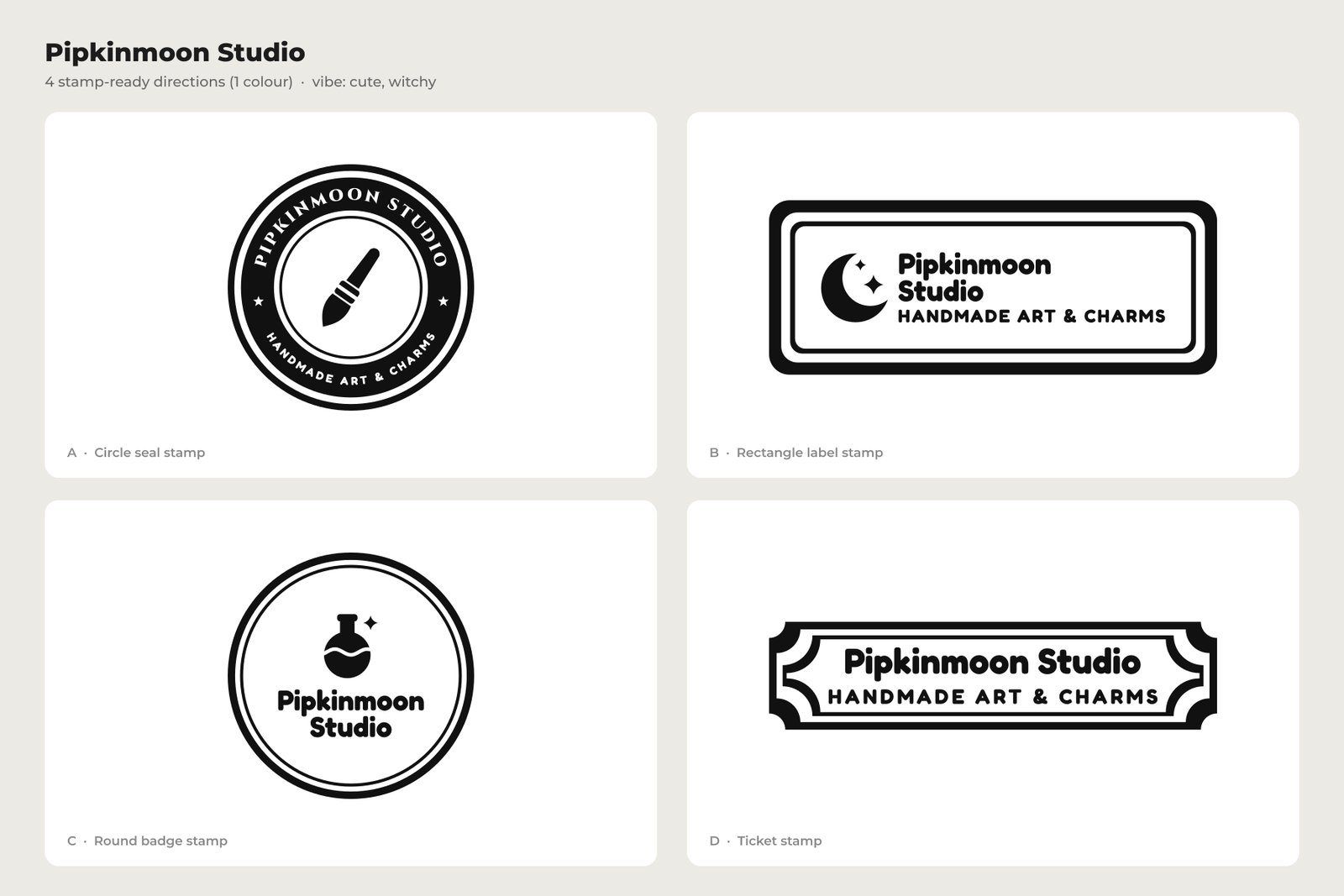 Four one-colour stamp logo directions for the fictional Pipkinmoon Studio: circle seal, rectangle label, round badge and ticket