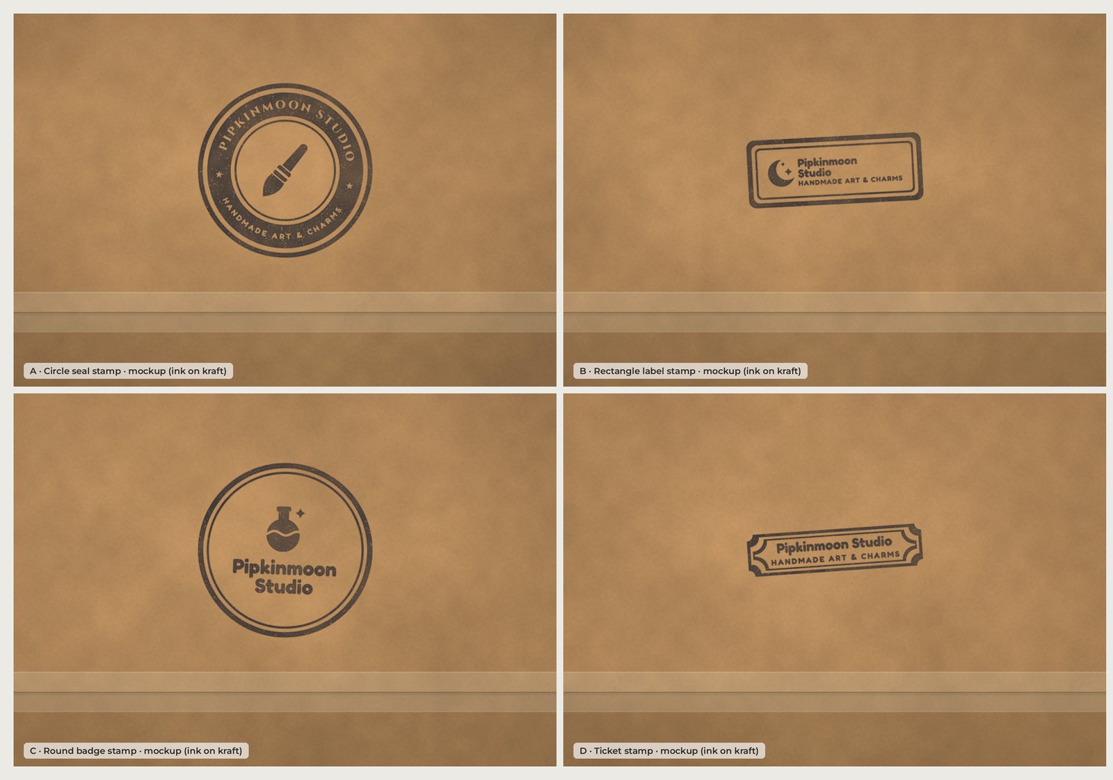 The four Pipkinmoon Studio stamps shown as simulated ink impressions on kraft packaging